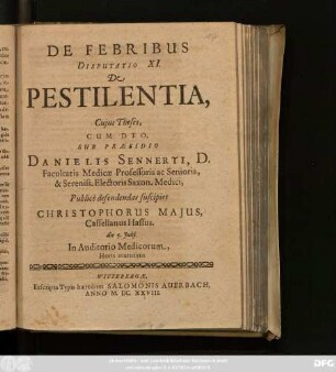 De Febribus Disputatio XI. De Pestilentia
