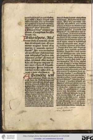 In illo tempore ascendente Ihesu in naviculam... Ante initium illius evangelii scribit sanctus Matheus in eodem capitulo quod unus describis...