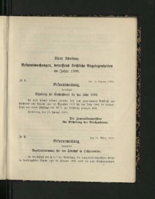 Vierte Abtheilung. Bekanntmachungen, betreffend kirchliche Angelgenheiten im Jahre 1908.