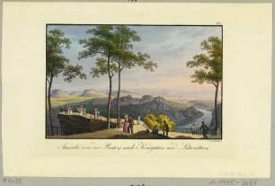 Basteiaussicht bei Rathen in der Sächsischen Schweiz nach Südosten mit Blick auf das Elbtal und die Tafelberge mit Lilienstein und Königstein