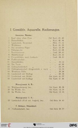 I. Gemälde, Aquarelle, Radierungen (Nr. 1-111)