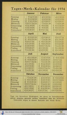 Tages-Merk-Kalender für 1934.
