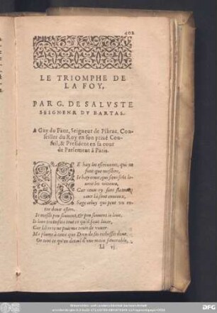 Le Triomphe De La Foy, Par G. De Saluste Seignenr Du Bartas.
