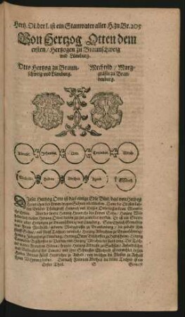 Wappen. Otto Hertzog zu Braunschweig und Lüneburg. und Mechtild/ Marggräfin zu Brandenburg.