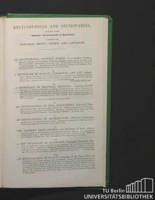 Encyclopaedias and dictionaries, uniform with "Loudon's Encyclopaedia of gardening," printed for Longman, Brown, Green and Longmans.