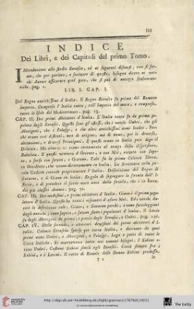 Indice dei libri, e dei capitoli del primo Tomo