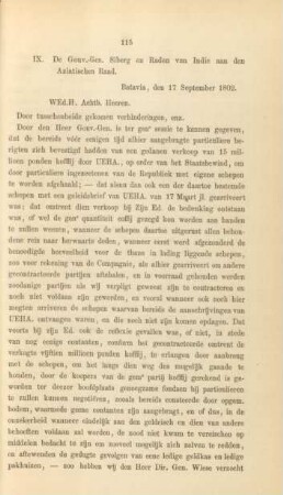 IX. De Gouv.-Gen. Siberg en Raden van Indie aan den Aziatischen Raad ... 17 September 1802