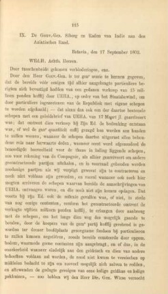 IX. De Gouv.-Gen. Siberg en Raden van Indie aan den Aziatischen Raad ... 17 September 1802