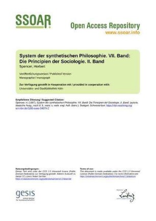 System der synthetischen Philosophie. VII. Band: Die Principien der Sociologie. II. Band