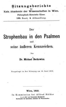 Der Strophenbau in den Psalmen und seine äußeren Kennzeichen / Michael Berkowicz