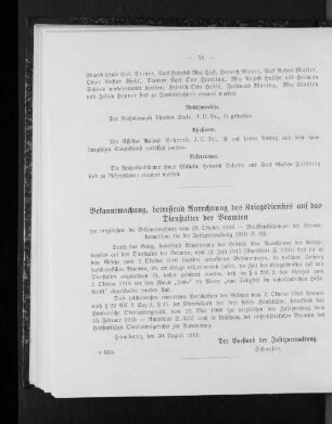Bekanntmachung, betreffend Anrechnung des Kriegsdienstes auf das Dienstalter der Beamten