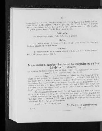 Bekanntmachung, betreffend Anrechnung des Kriegsdienstes auf das Dienstalter der Beamten