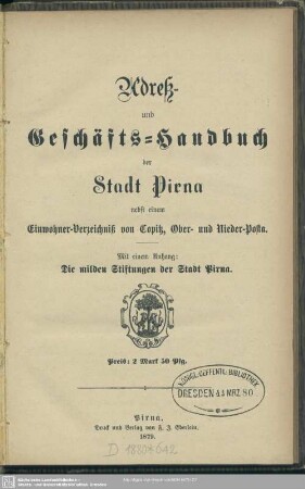 2.1879: Adreß- und Geschäftshandbuch der Stadt Pirna nebst einem Einwohner-Verzeichniß von Copitz, Ober- und Nieder-Posta