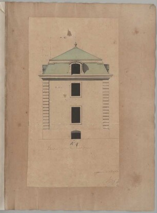 Gebäude, Entwurf, Aufriss : Gebäude, Entwurf. Aufriss der Schmalseite, Jean de Bodt, vor 1728, Feder, Pinsel in Wasserfarbe/Papier. 50,9 x 36,8 cm (Blatt); 41,5 x 22,4 cm (aufgeklebte Zeichnung). Bez.: "Elevation d'un des bouts Du Batiment", "approuve de la maqette Bodt" (Autograph von Jean de Bodt). Einzige bekannte signierte Zeichnung de Bodts.