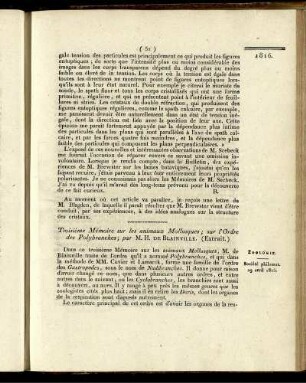 Troisiéme Mémoire sur les animaux Mollusques; sur l´Ordre des Polybranches;