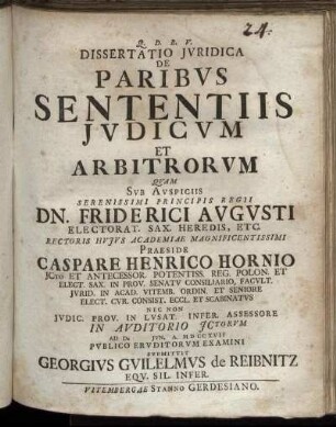 Dissertatio Jvridica De Paribvs Sententiis Jvdicvm Et Arbitrorvm