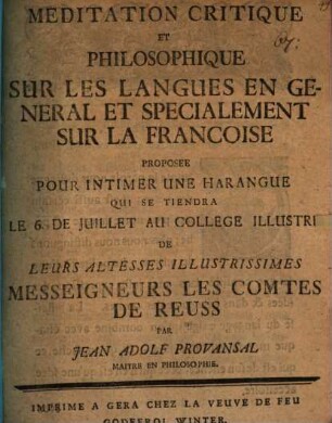 Meditation critique et philosophique sur les langues en général et specialement sur la françoise