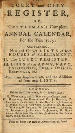 The court and city register or gentleman's complete annual kalendar : for the year ... 1775