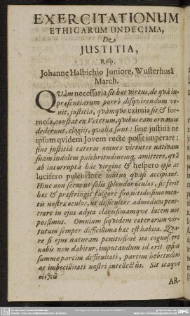Exercitationum Ethicarum Undecima, De Justitia
