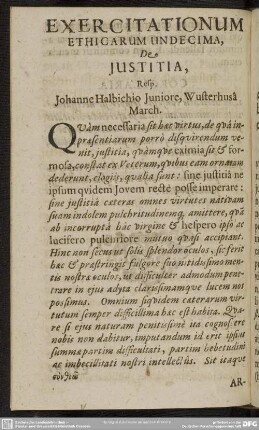 Exercitationum Ethicarum Undecima, De Justitia