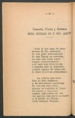 Casada, viuda y soltera : Décimas reformadas por el poeta argentino