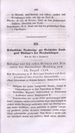 III. Urkundliche Nachträge zur Geschichte Landgraf Philipp's des Großmüthigen.