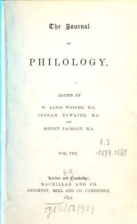 The journal of philology. 8. 1879