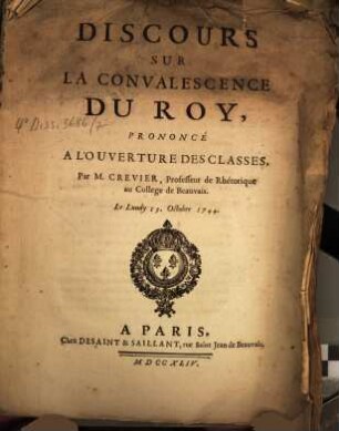 Discours sur la convalescence du Roy