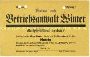 Ankündigung einer Veranstaltung am 16. Februar 1932 in Dresden zur Wahl von Gustav Winter zum Reichspräsidenten