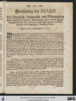 Fortsetzung des Diarii ... Vom 3. bis 6. Septembris.