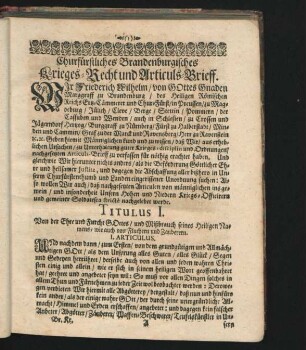 Chrufürstliches Brandenburgisches Krieges-Recht und Articuls-Brieff.