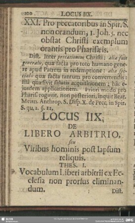 Locus IIX. De Libero Arbitrio, seu Viribus hominis post lapsum reliquis