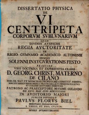 Dissertatio Physica De Vi Centripeta Corporvm Svblvnarivm