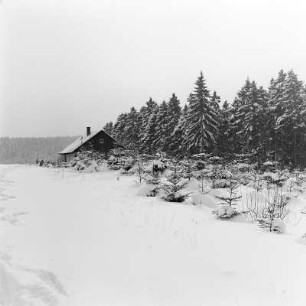 Baude bei Johanngeorgenstadt gegenüber der Erzgebirgsschanze (Imbiss und Übernachtungsmöglichkeit für Dynamo Sportler), Winteraufnahme