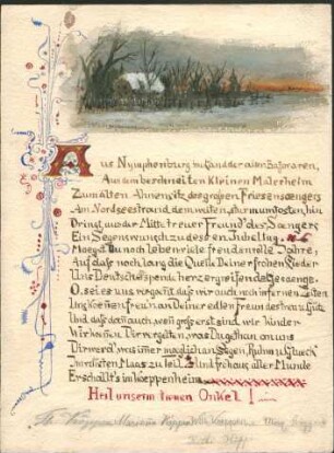 Wilhelm Köppen: Aquarelliertes Geburtstagsblatt mit 16-zeiligem Gedicht und Unterschriften der Familie
