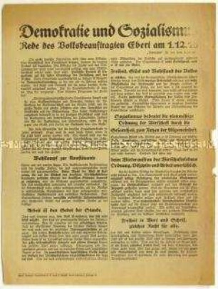 Flugblatt mit einer Rede von Friedrich Ebert am 1. Dezember 1918 zum Sozialismus