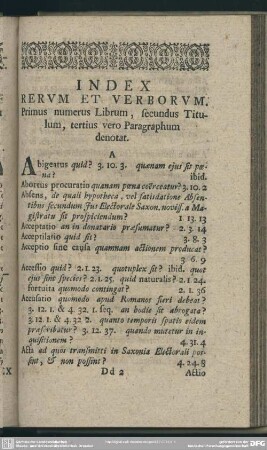 Index Rerum Et Verborum. Primus numerus Librum, secundus Titulum, tertius vero Paragraphum denotat