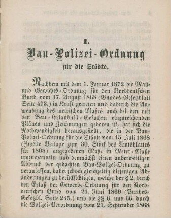 I. Bau-Polizei-Ordnung für die Städte.