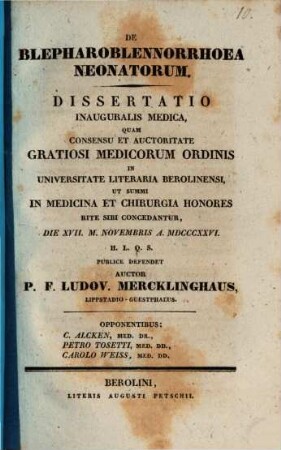 De blepharoblennorrhoea neonatorum : Diss. inaug. med.