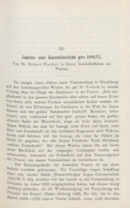 III. Jahres- und Kassenbericht pro 1894/95. Von Br. Robert Fischer in Gera, Geschäftsführer des Vereins.