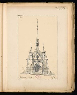 Friedhofskapelle, Greifswald Monatskonkurrenz Oktober 1883: Aufriss Eingangsseite; Maßstabsleiste