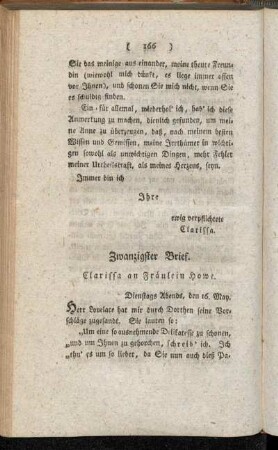 Zwanzigster Brief. Clarissa an Fräulein Howe. - Vierundzwanzigster Brief. Lord M. an Herrn Belford Esq.