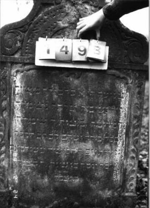 Grabstein 149 (Index: 99751970) Material: Sandstein Zustand: verwittert mit Textverlust, abgeblättert Maße HxBxT: 126x74x10 cm Beschreibung: Stele, in Voluten auslaufend. Rundbogenaufsatz, rechteck. Schriftfeld eingetieft Symbolik: Krone, Voluten, Ranken: Grabstein 149B
