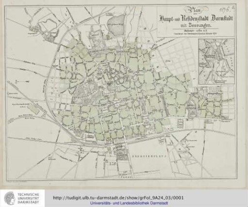 Plan der Haupt- und Residenzstadt Darmstadt mit Bessungen / gezeichn. von Ober-Domänen-Kanzlist Heberer