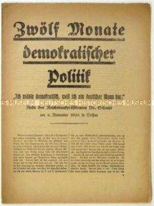 Flugschrift mit einer Rede von Hjalmar Schacht am 4. November 1924 in Dessau und Aufruf zur Reichstagswahl am 7. Dezember 1924