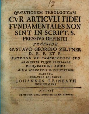 Qvaestionem Theologicam Cvr Articvli Fidei Fvndamentales Non Sint In Script. S. Pressivs Definiti