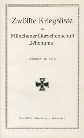12.1917: Kriegsliste der Münchener Burschenschaft Rhenania