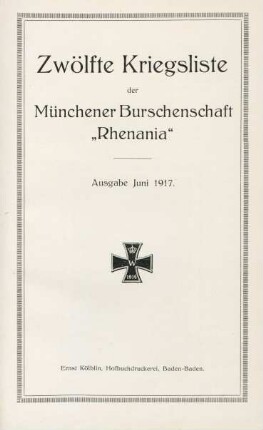 12.1917: Kriegsliste der Münchener Burschenschaft Rhenania