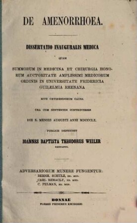 De amenorrhoea : dissertatio inauguralis medica