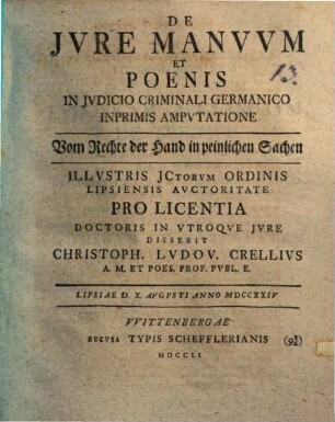 De iure manuum et poenis in iudicio criminali Germanico inprimis amputatione, Vom Rechte der Hand in peinlichen Sachen
